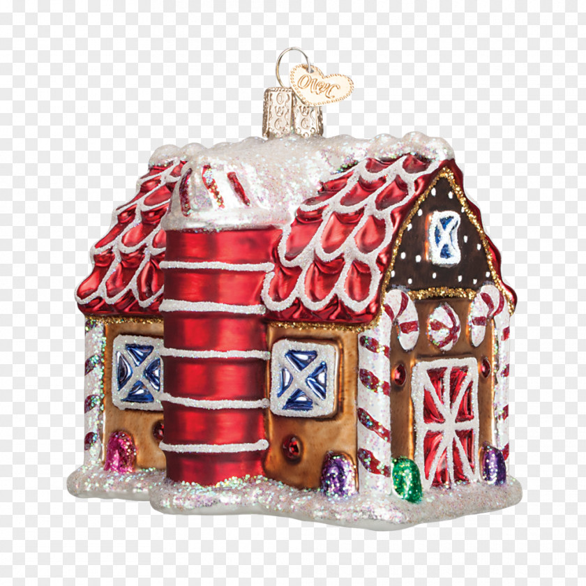 Barn Candy Cane Gingerbread House Christmas Ornament Glass PNG
