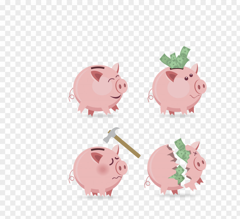 Vector Red Four Cartoon Piggy Bank Euclidean PNG