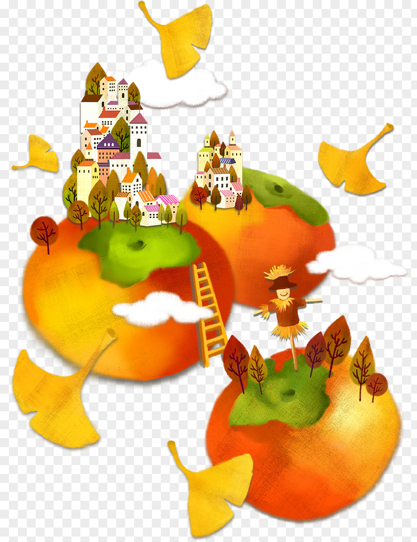 Towns And Persimmon Scarecrow On Autumn Ginkgo Biloba Cartoon Illustration PNG