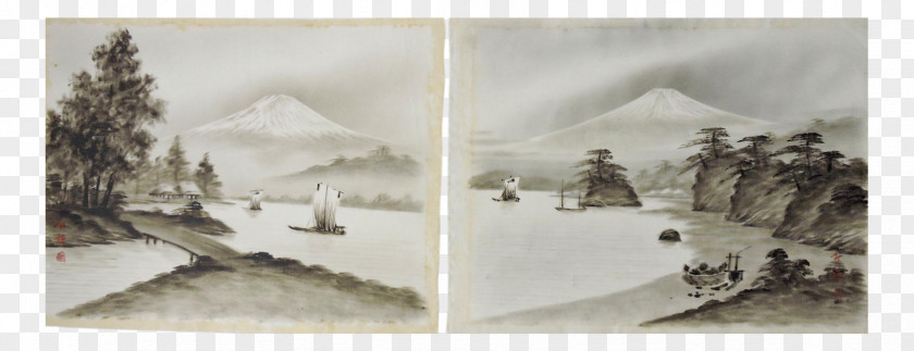 Japanese Ink Painting Of Bamboo Watercolor Mount Fuji Silk Art PNG