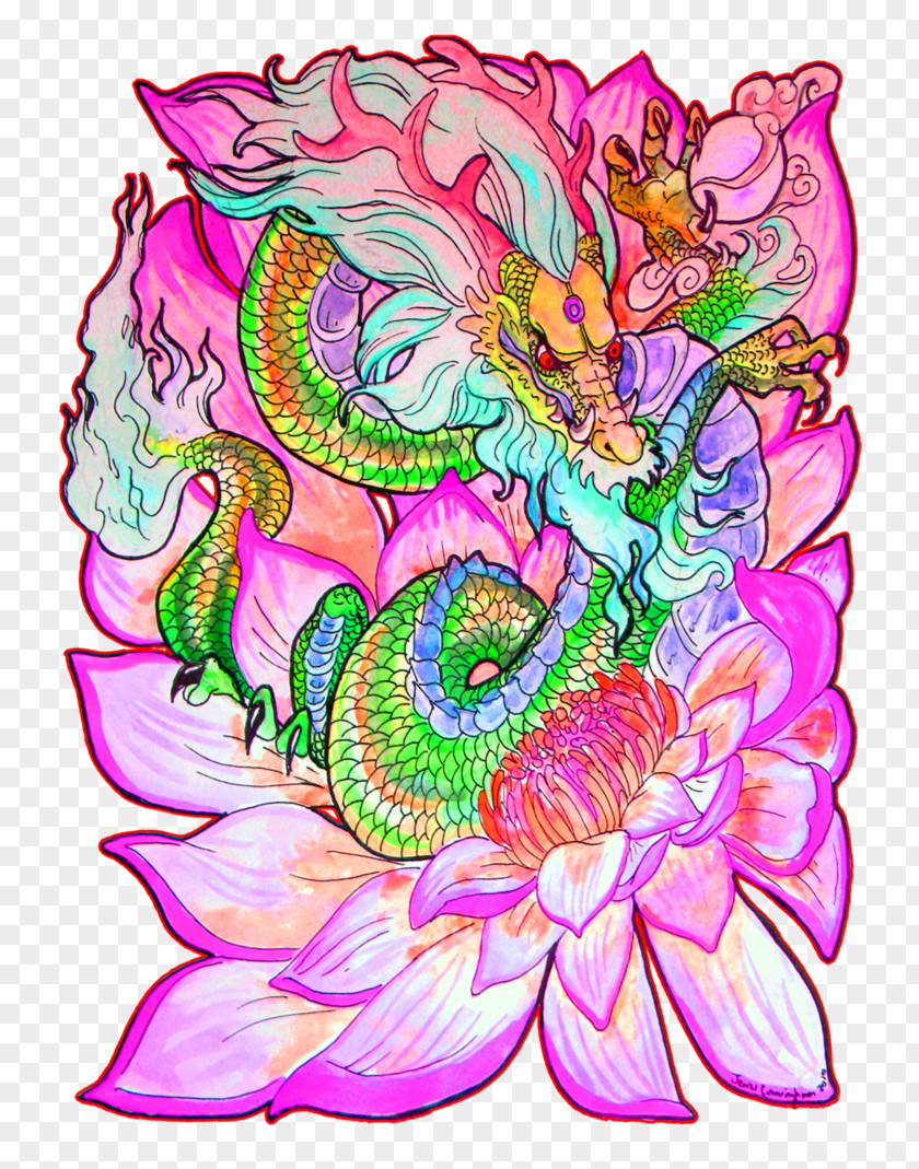 Sitting On The Lotus Floral Design Cars Dragon Art Watercolor Painting PNG