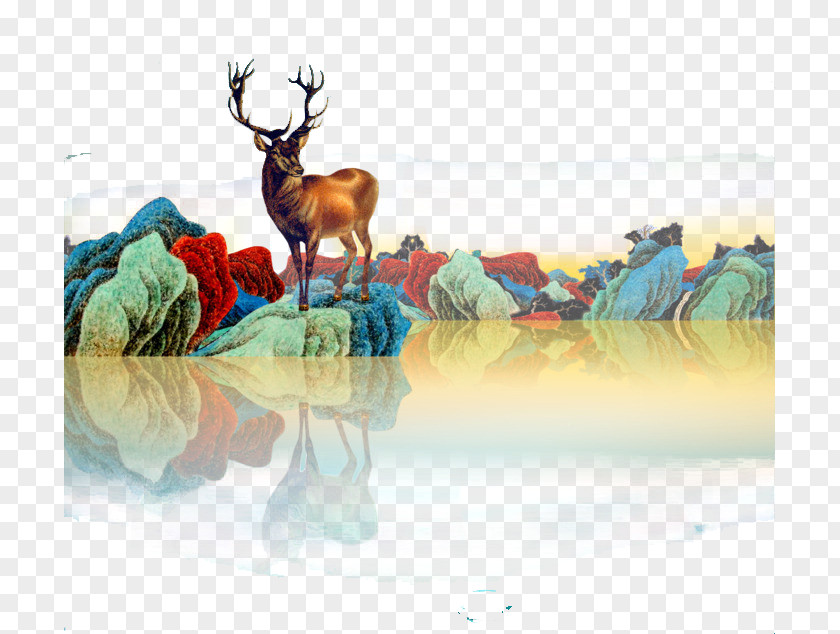 Lake And Forest Deer Reindeer Illustration PNG