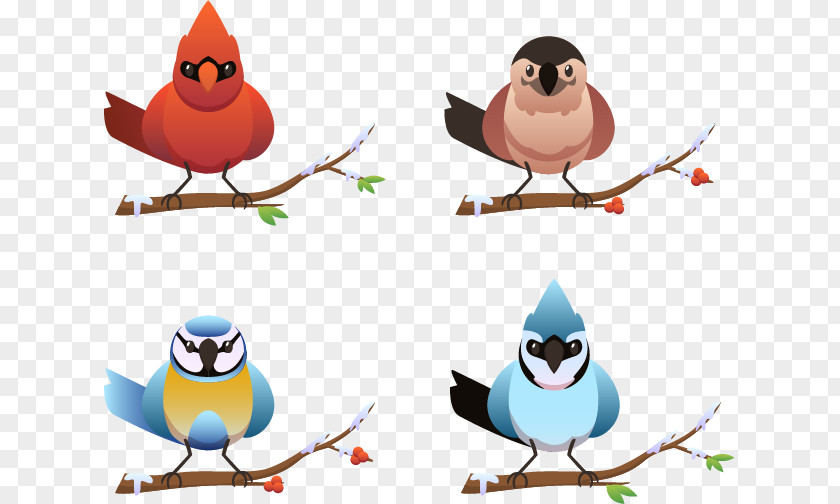 Four Flat Winter Birds Bird Owl Clip Art PNG