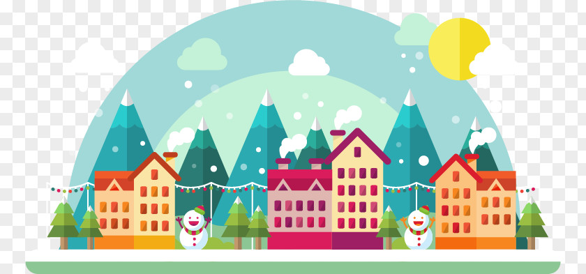 Winter Town Landscape Flat Design Adobe Illustrator PNG
