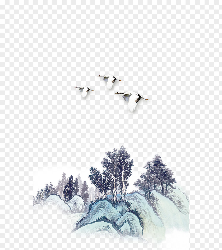 White Crane China Ink Wash Painting Download Computer File PNG