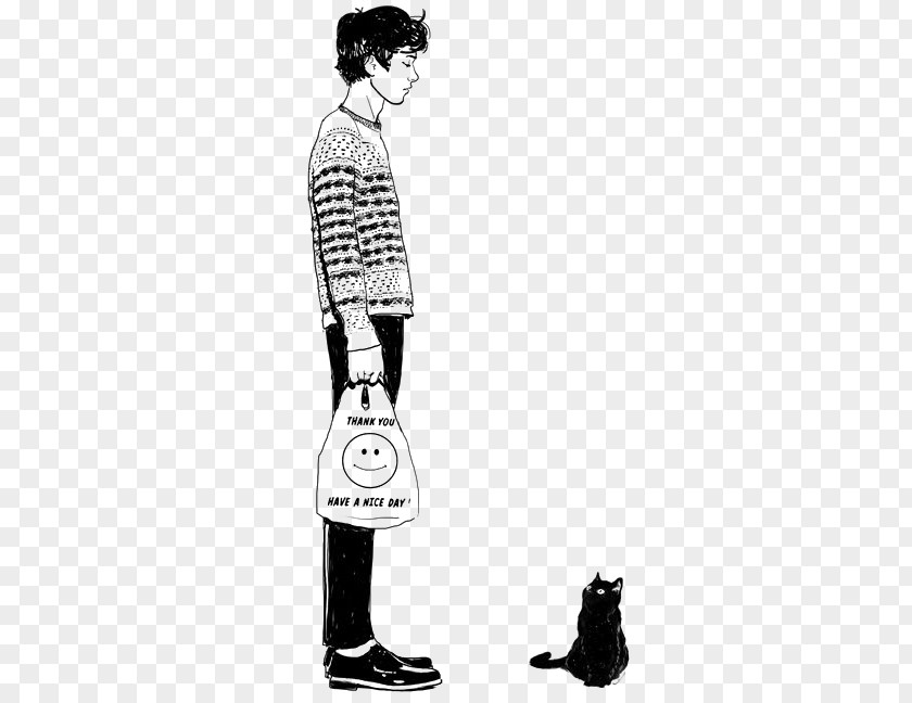 Man And Black Cat Drawing Painting Art Illustration PNG