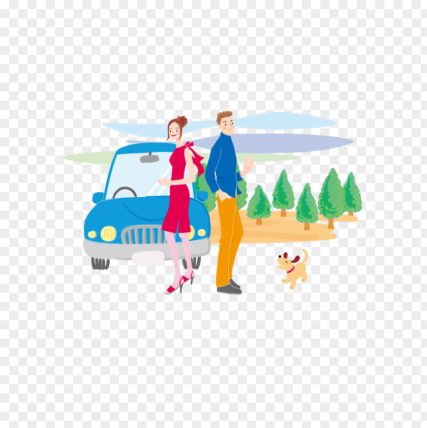 Couple Hand-painted On The Road Material Illustration PNG