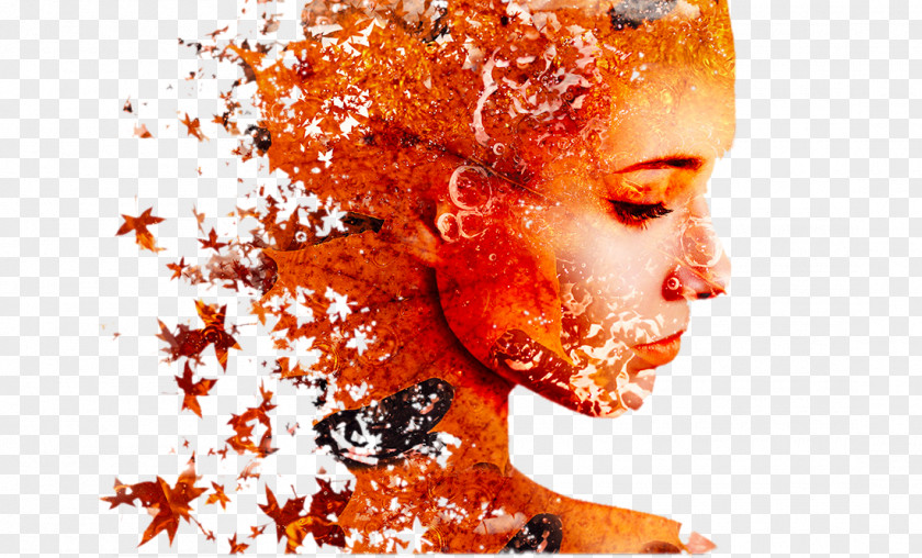 Creative Woman Face Maple Leaf Multiple Exposure Portrait Illustration PNG