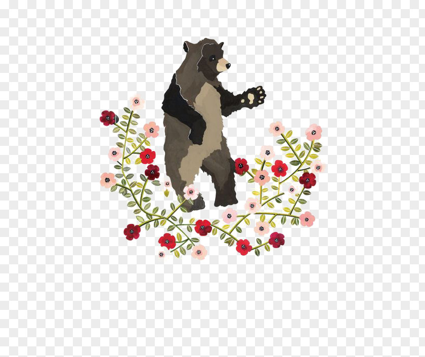 Flower And Bear Drawing Art Painting Illustration PNG