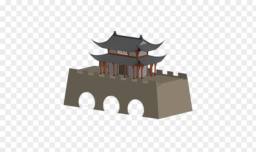 Cartoon Ancient City Gate Paifang Building 3D Modeling Defensive Wall PNG