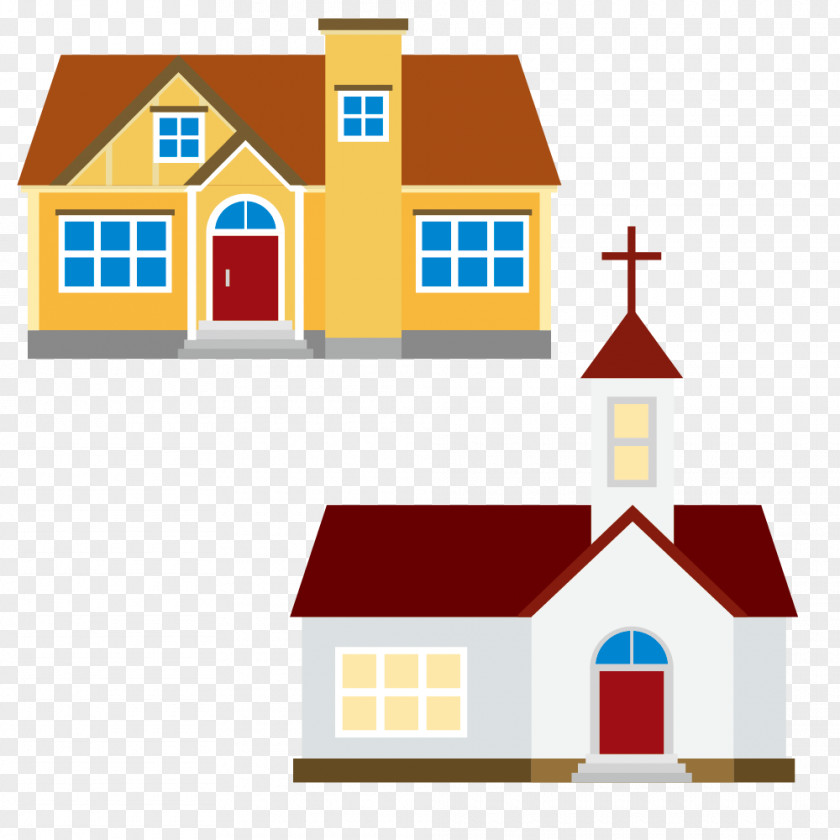 Yellow House And Church Drawing Illustration PNG