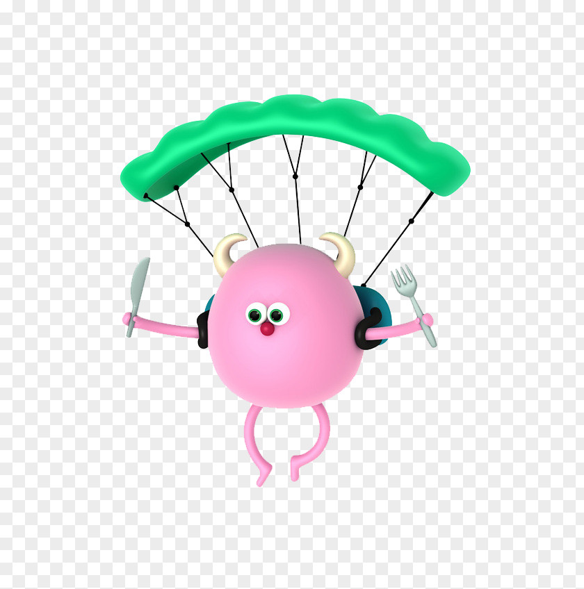 Green Parachute Pink Circle Painted Doll Body Animation Illustration PNG
