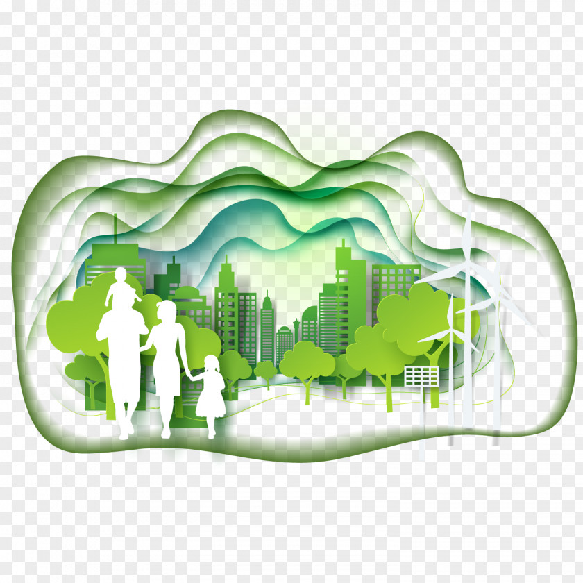 Green Eco City And Family Silhouette Vector Sustainable Ecology PNG