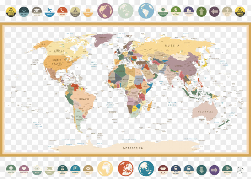 Retro World Map Mural PNG
