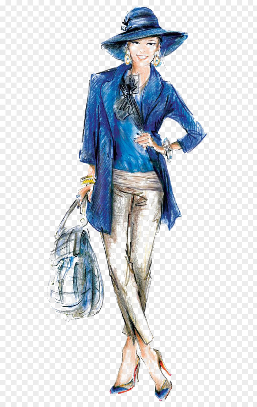 Woman Blue Dress Fashion Sketchbook Illustration Drawing PNG