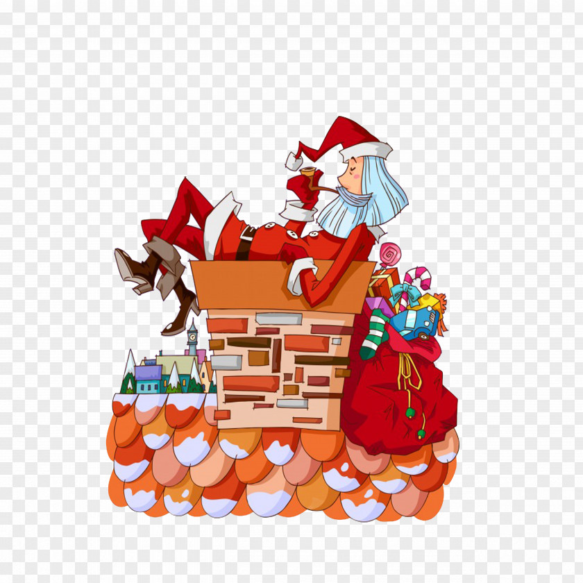 Santa Claus Sleeping On A Chimney Illustration PNG