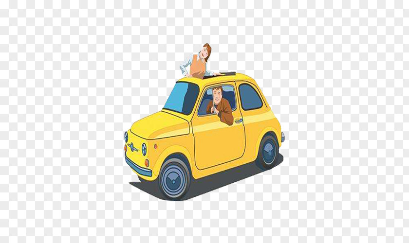 Yellow Cartoon Driving Fiat 500 Automotive Design Drawing PNG