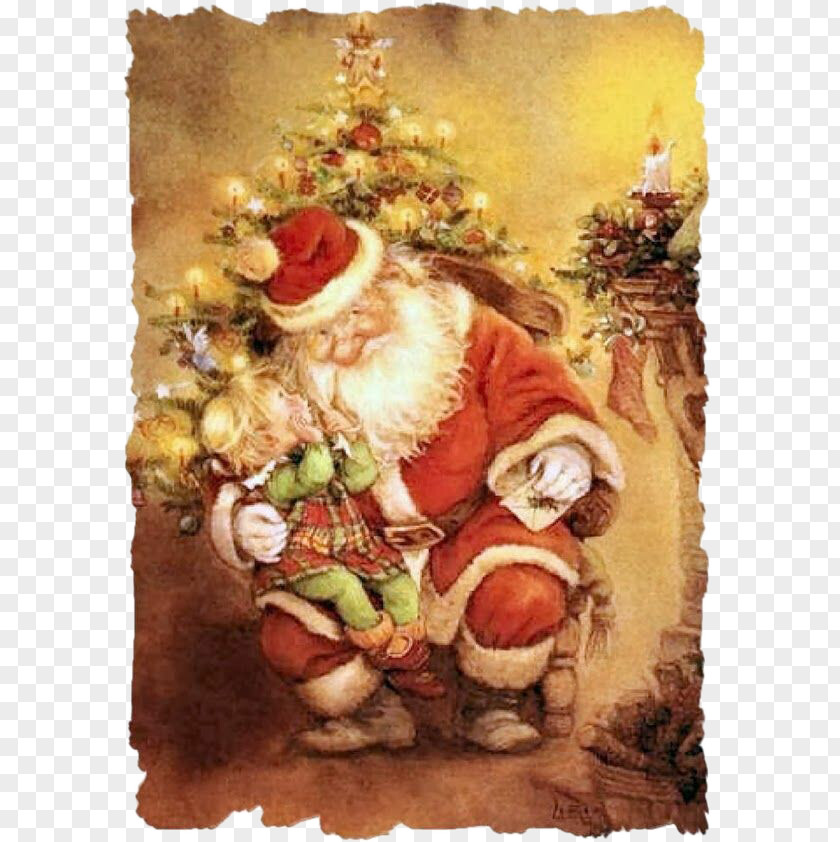 Santa Claus With A Child Old Fuzzy Picture Barcelona Christmas Art Illustrator Illustration PNG