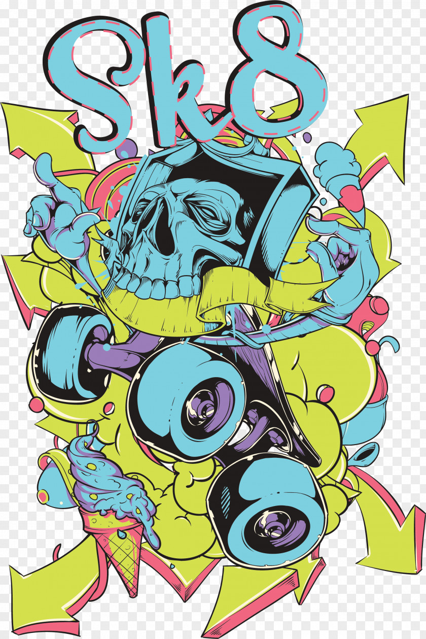 Skateboard Skull Print Illustration PNG