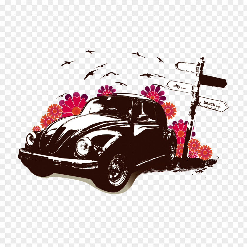 Vector Car And Flowers Volkswagen Beetle New Poster PNG