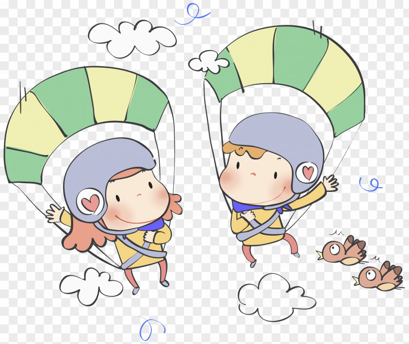 Cartoon Drawing Animation Illustration PNG Illustration, The boy and the girl on parachute clipart PNG