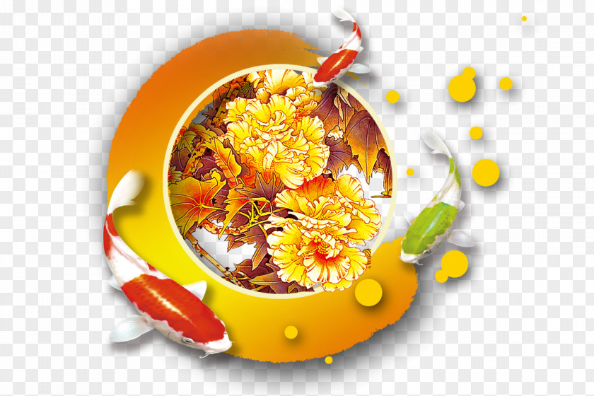 Yellow Peony Koi China Poster PNG