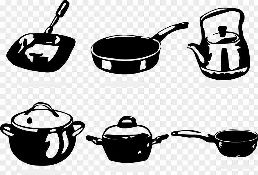 Vector Black And White Cooking Pot Red Frying Pan Cookware Bakeware PNG