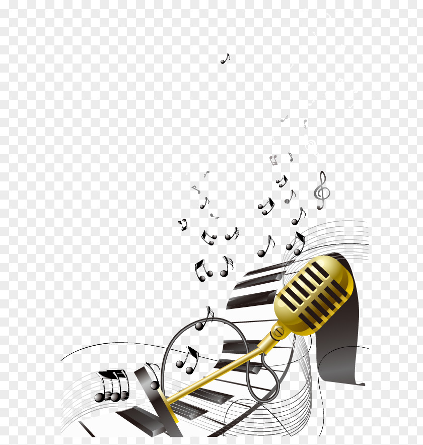 Microphone Music PNG , music,microphone,keyboard, brass-colored microphone and piano keys with musical notes illustration clipart PNG