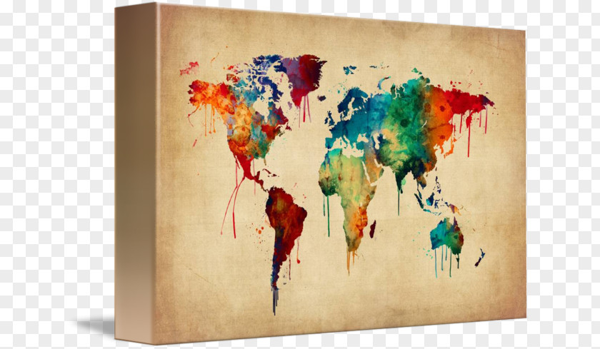 World Map Watercolour Watercolor Painting Canvas Print PNG