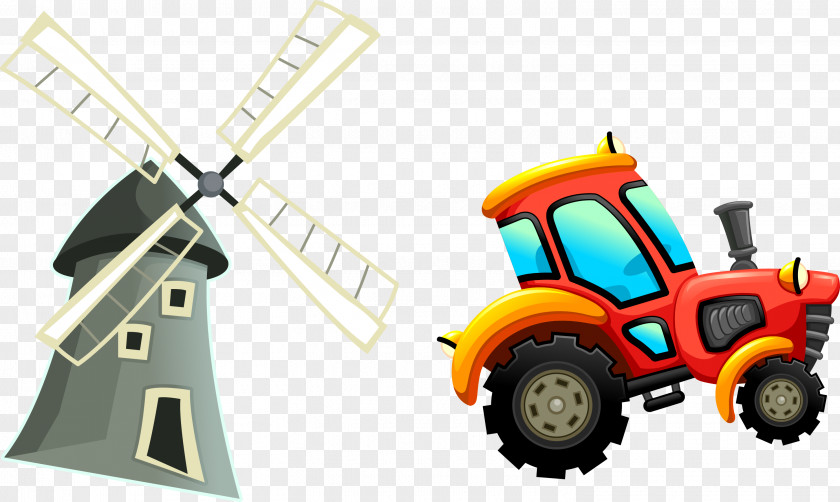 Vector Hand Painted Windmills And Tractors Euclidean Tractor Automotive Design Cartoon PNG