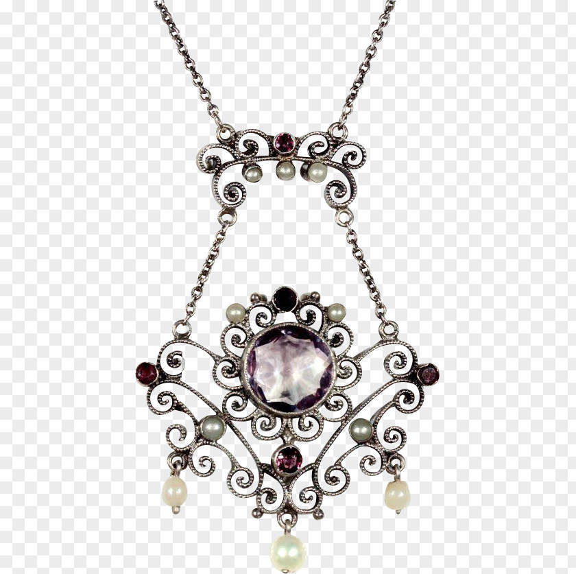 Necklace Locket Silver Gemstone Amethyst PNG