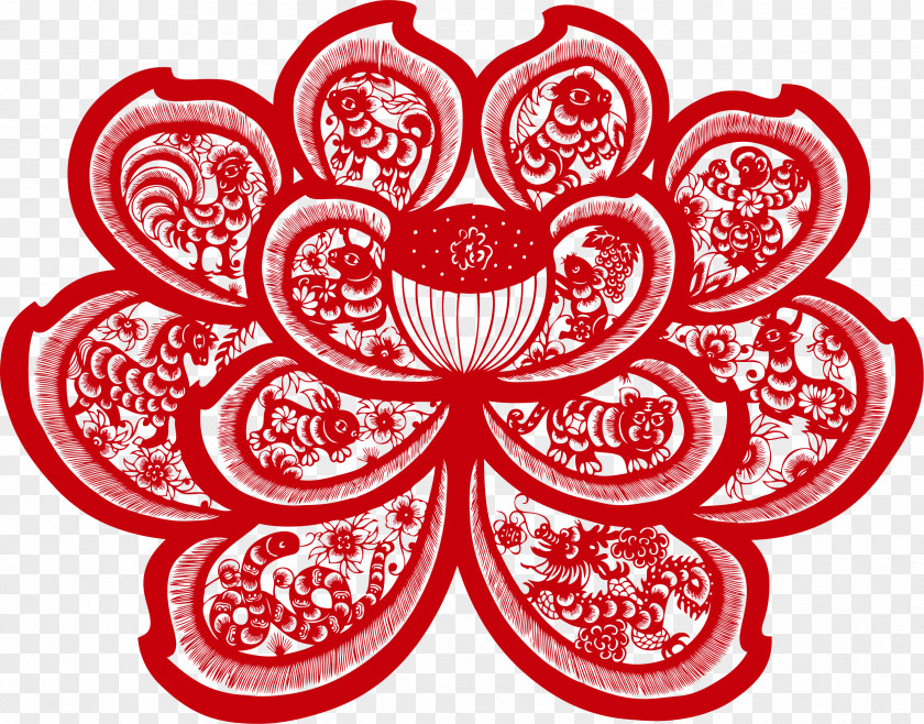 Vector Paper Cutting Red Lotus 12 Papercutting Chinese Art PNG