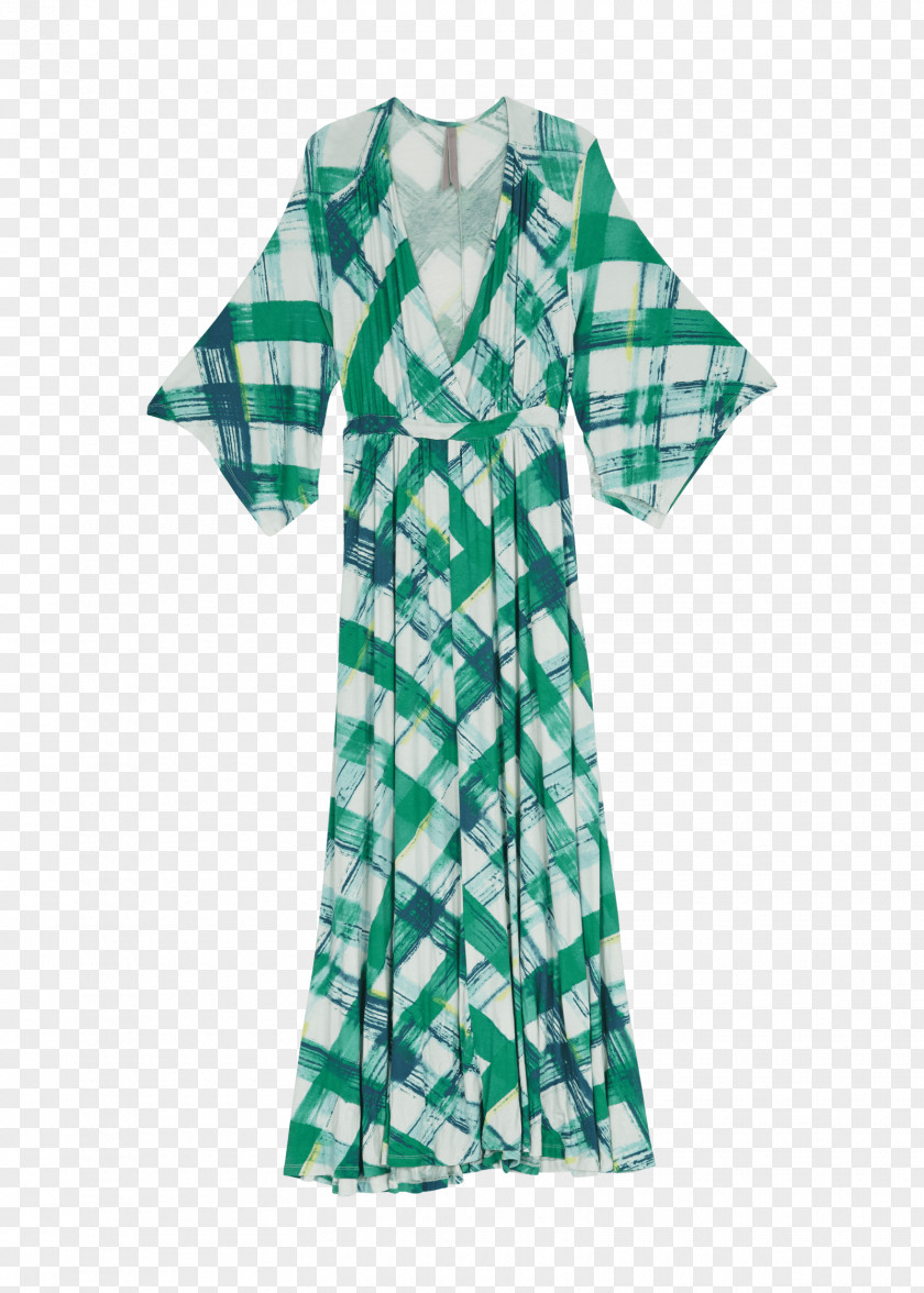 Gingham Shoulder Sleeve Green Dress PNG