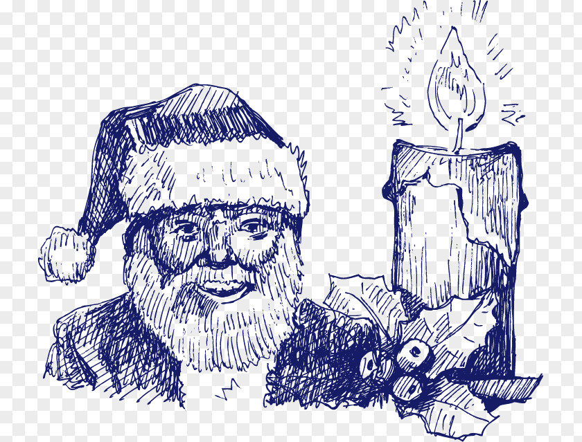 Blue Hand-painted Santa Claus Candle Element Paper Christmas Illustration PNG