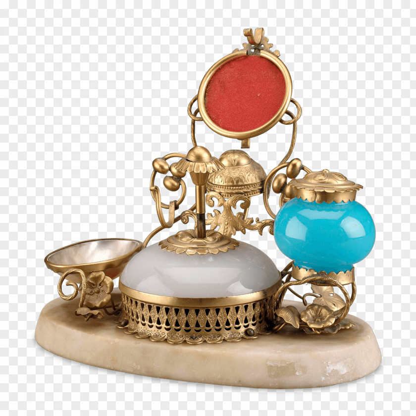 Brass Opaline Glass Inkwell Silver PNG