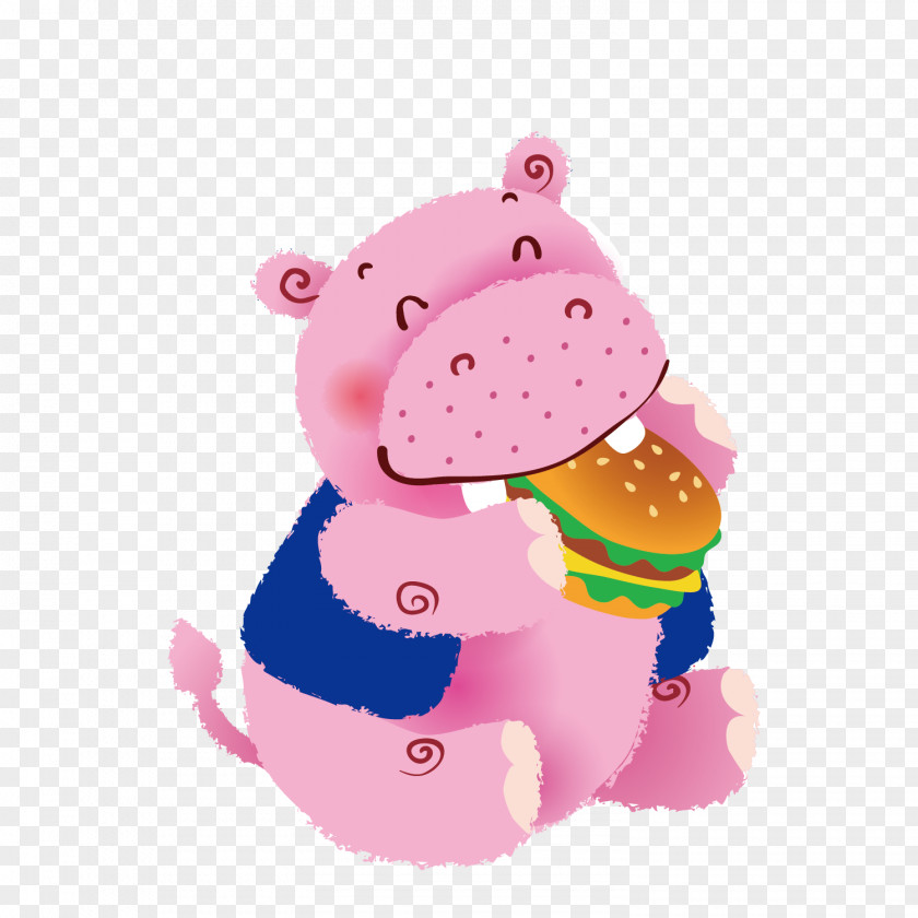 Vector Red Cute Hippo Eating Hamburgers Hippopotamus Clip Art PNG