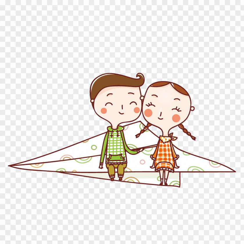 Male And Female Couple Sitting On A Paper Airplane Illustration PNG