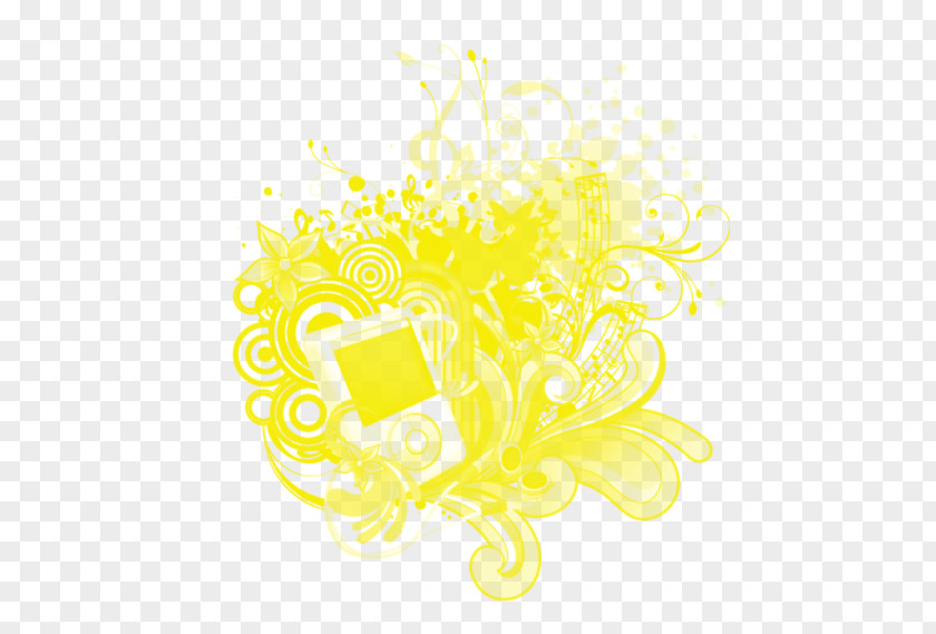 Musical Elements Floral Design Yellow Pattern PNG