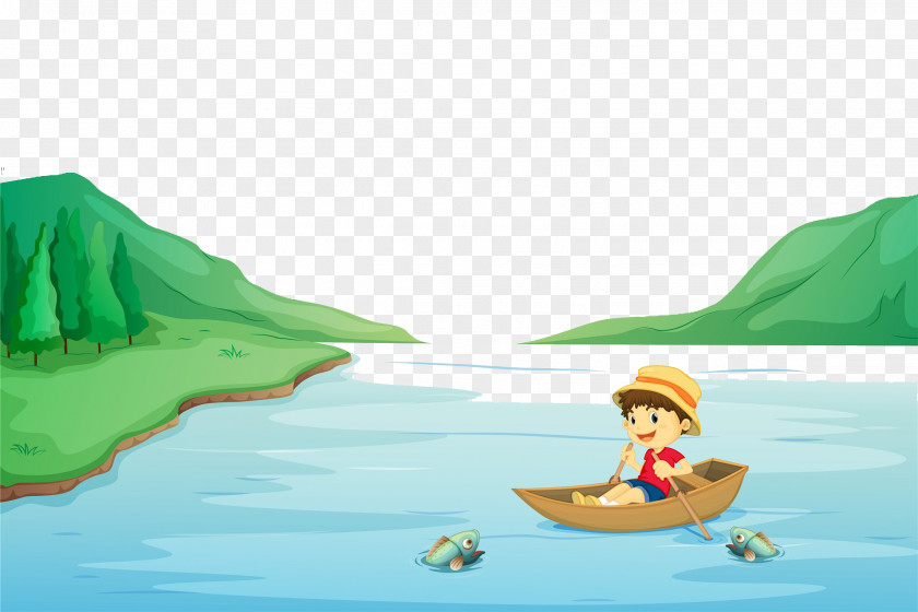 A Boy Rowing On River In The Mountains Boat Clip Art PNG