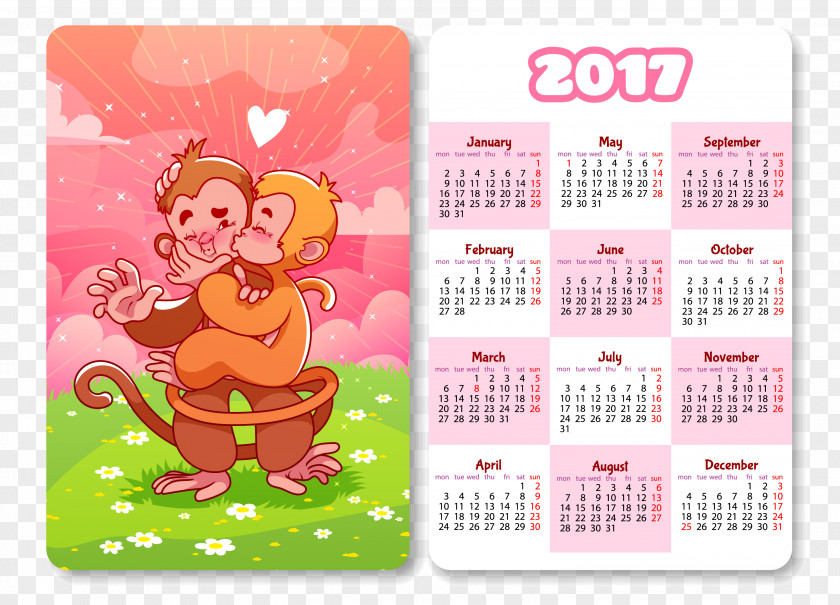 2017 Calendar Cartoon Monkey Illustration PNG