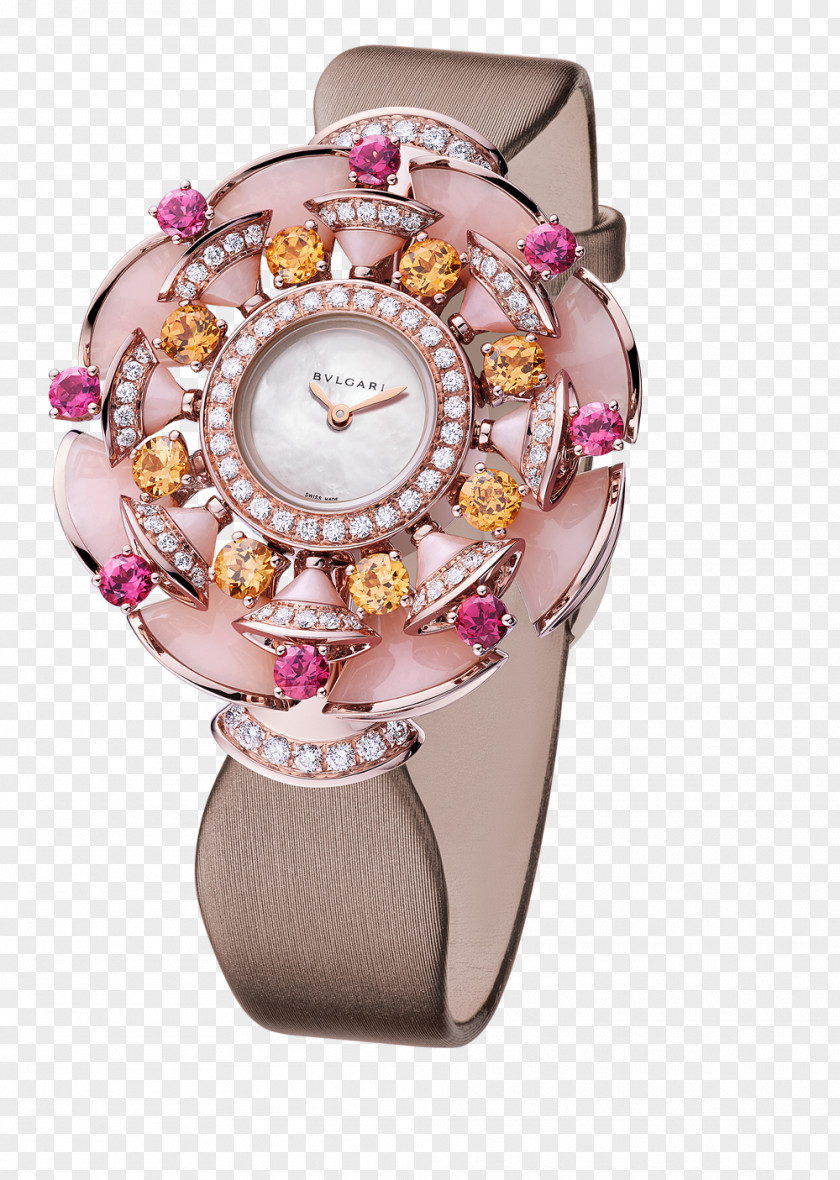 Bulgari Pink Diamond Flower Wrist Watches Female Form Earring Jewellery Bracelet PNG