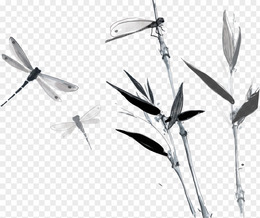 Dragonfly Ink Bamboo Vector Wash Painting Chinese PNG