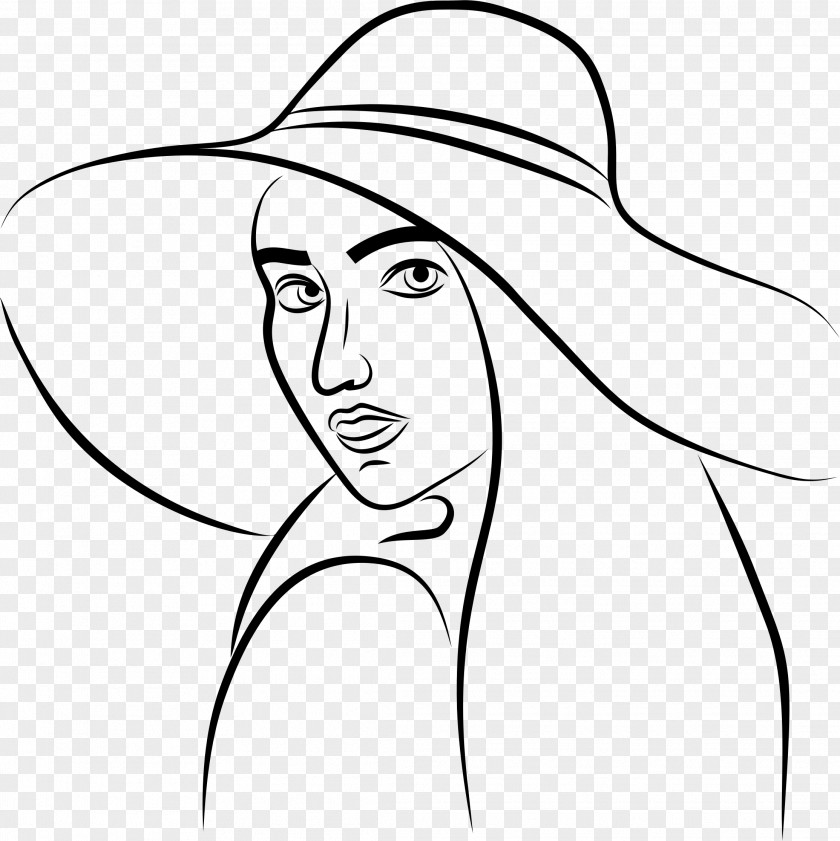 Woman Line Art With A Hat Watercolor Painting PNG