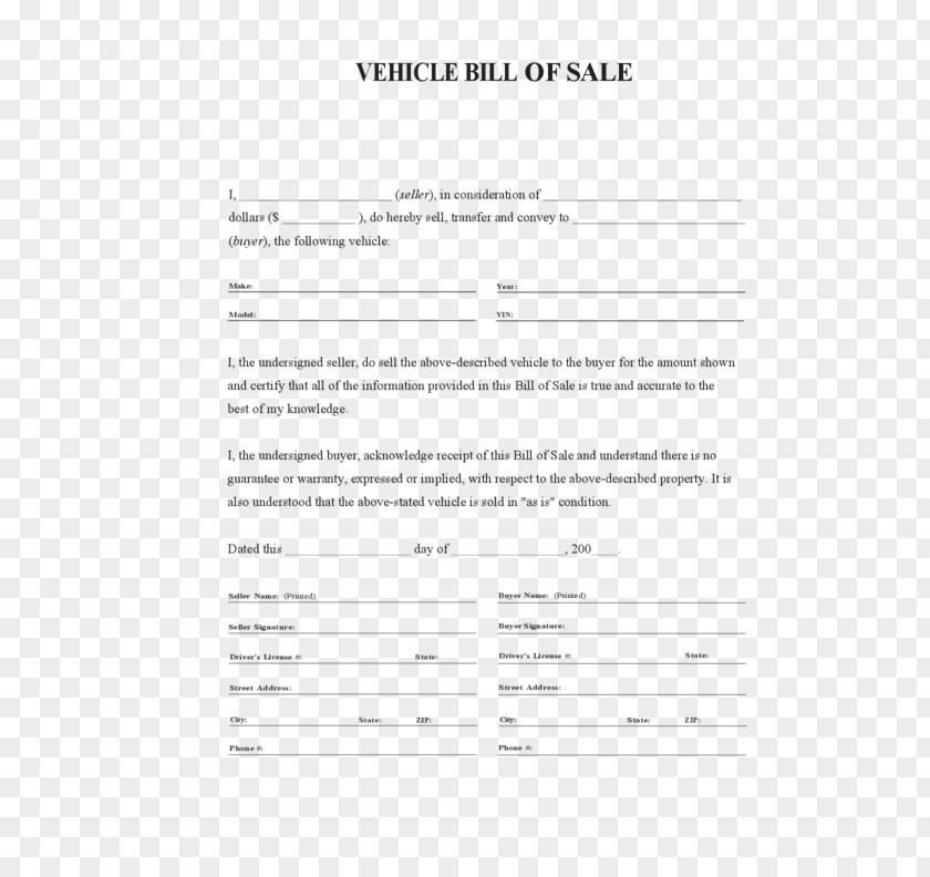 Car Invoice Document Sales Bill Of Sale Form PNG