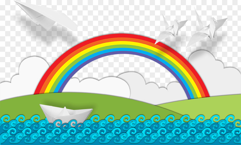 Cartoon Rainbow With Paper Boat Plane PNG