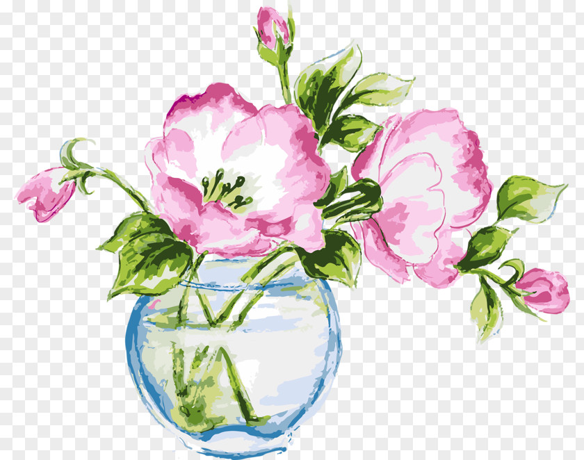 Hand-painted Water Lilies Vase Of Flowers Watercolor Painting Stock Illustration PNG