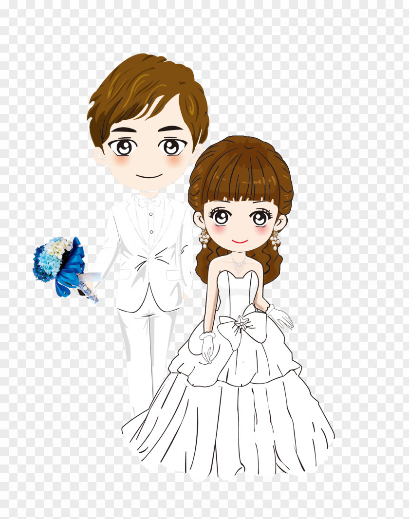 Hand-painted Cartoon Bride And Groom Marriage Wedding Invitation PNG