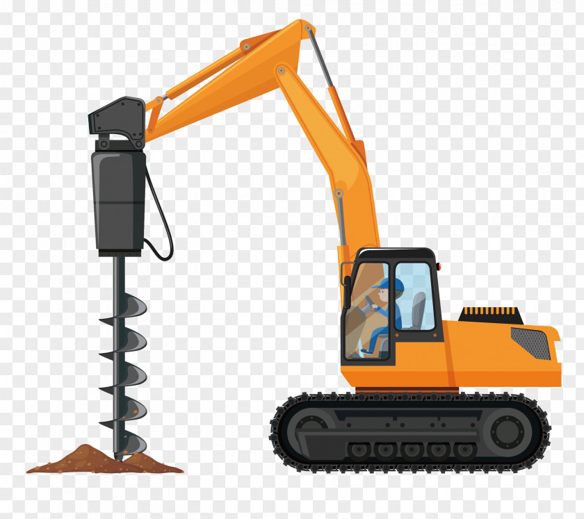 Yellow Cartoon Drill Excavator Vector Heavy Equipment Architectural Engineering Vehicle Illustration PNG