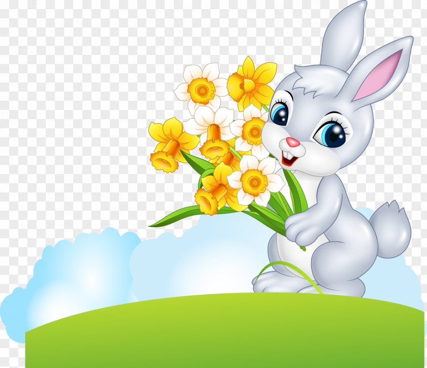 Vector Bunny Holding Flower Easter Cartoon Illustration PNG