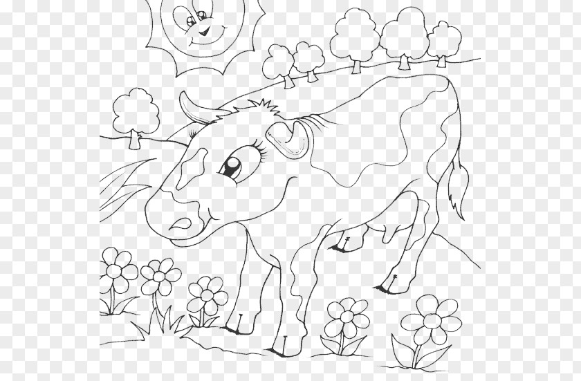 Field Flowers Cattle Coloring Book Line Art Drawing PNG